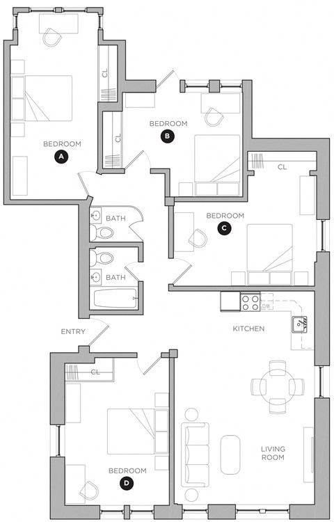 Floor plan for 4 beds, 1 bath, 398 sqft